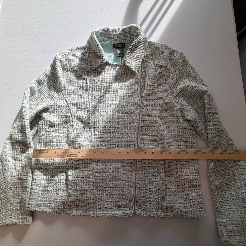 SOHO Apparel Ltd Womens Mint Green Tweed Moto Jacket Asymmetric Zip L - Picture 4 of 5
